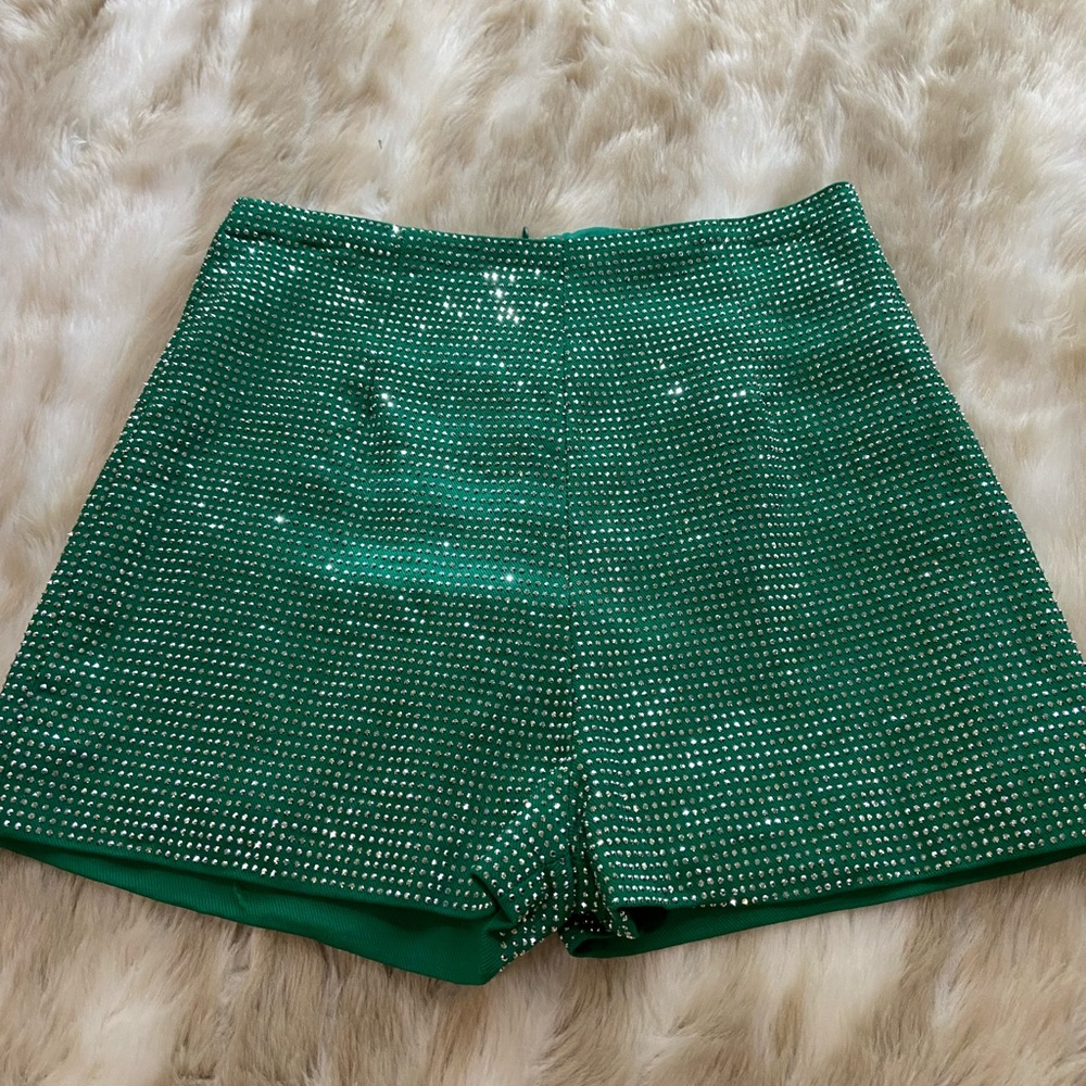 High-Waist Green Embellished Women’s Shorts